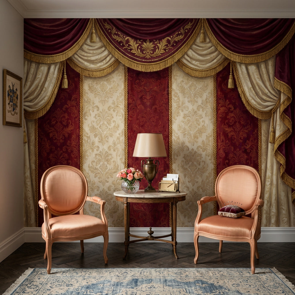 Theatrical Drapery Wallpaper Dark Burgundy European Baroque Wall Mural