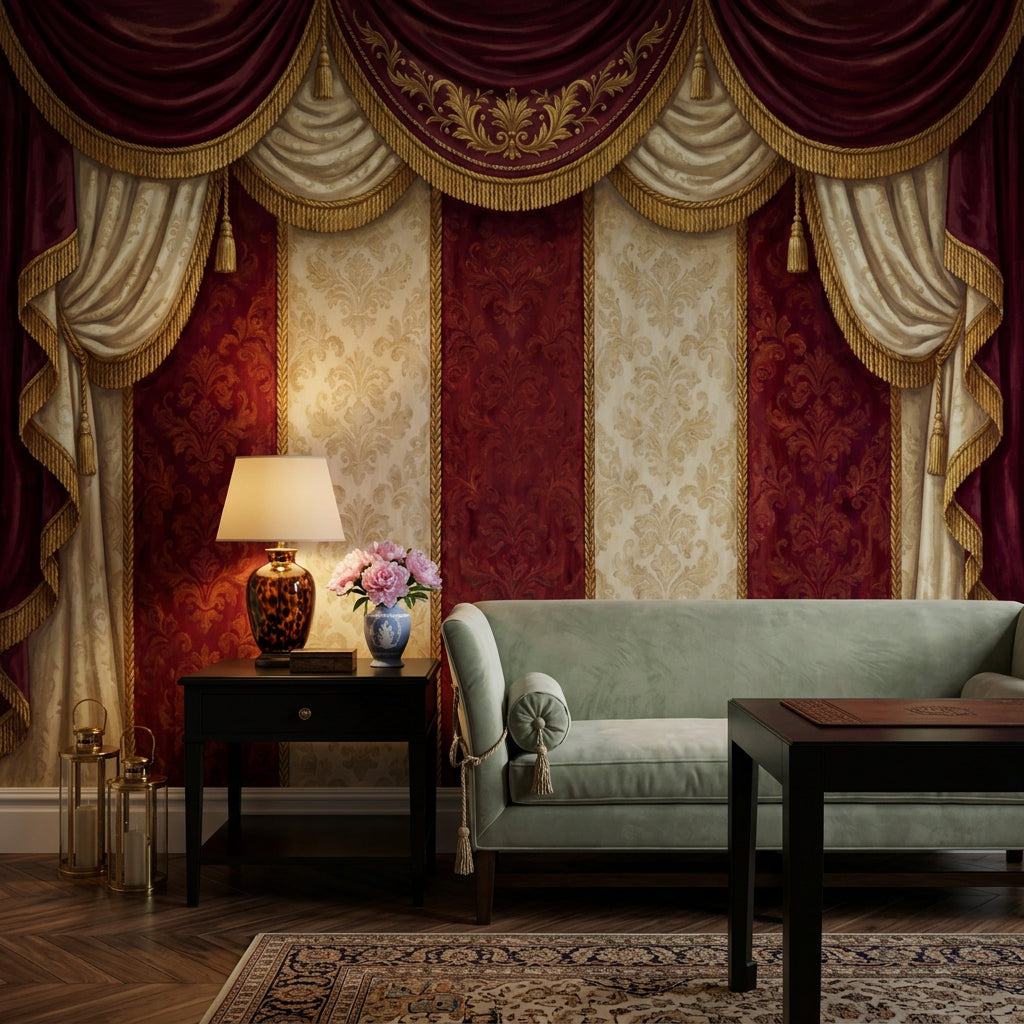 Theatrical Drapery Wallpaper Dark Burgundy European Baroque Wall Mural