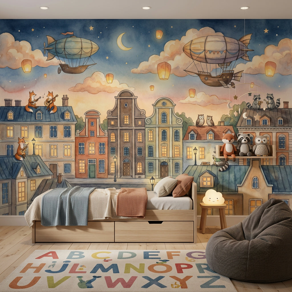 Whimsical Cityscape Wallpaper Dark Night Sky Watercolor Illustration Removable Wall Decor