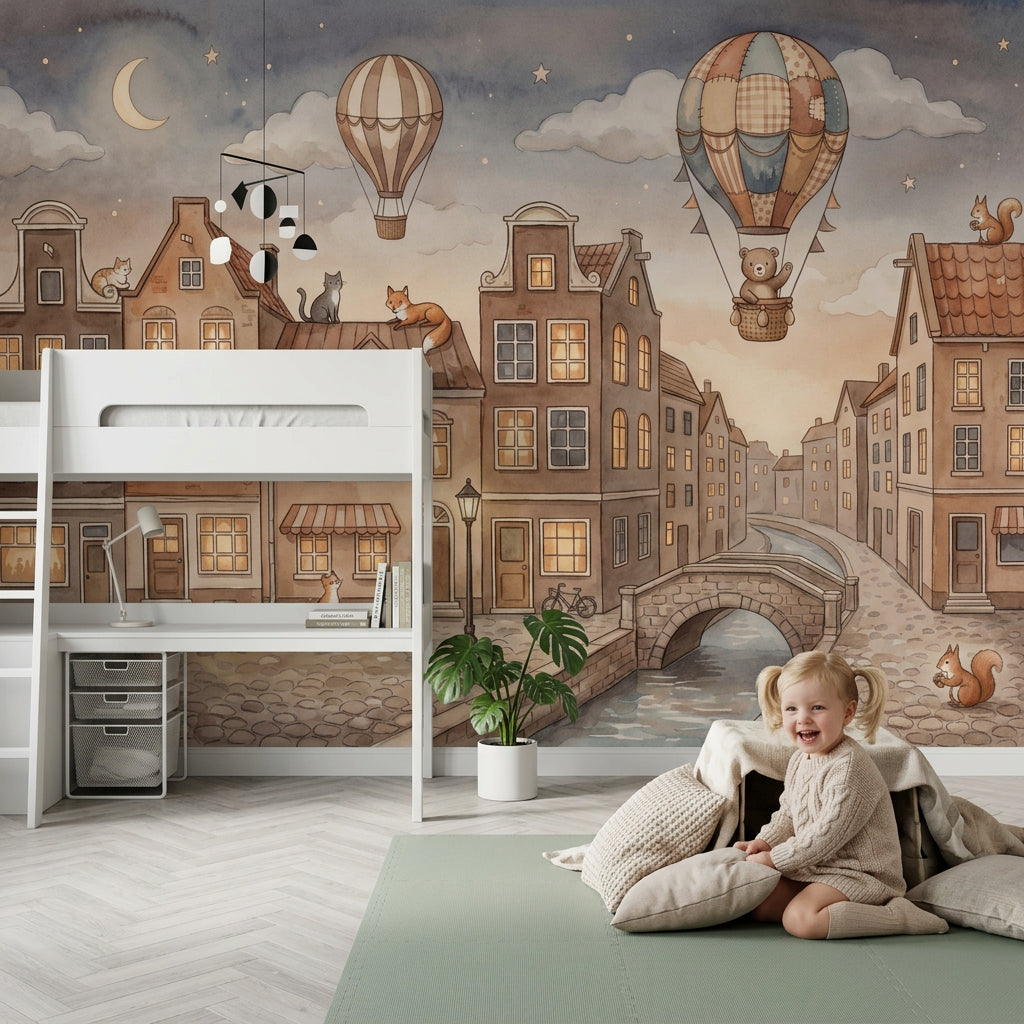 European Canal Town Wallpaper Watercolor Illustration Hot Air Balloons Removable Wall Decor