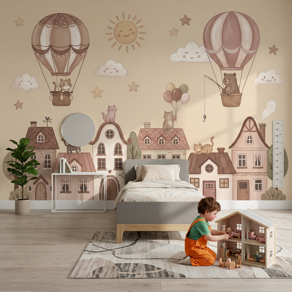 Storybook Village Wallpaper Hot Air Balloons Whimsical Removable Wall Decor