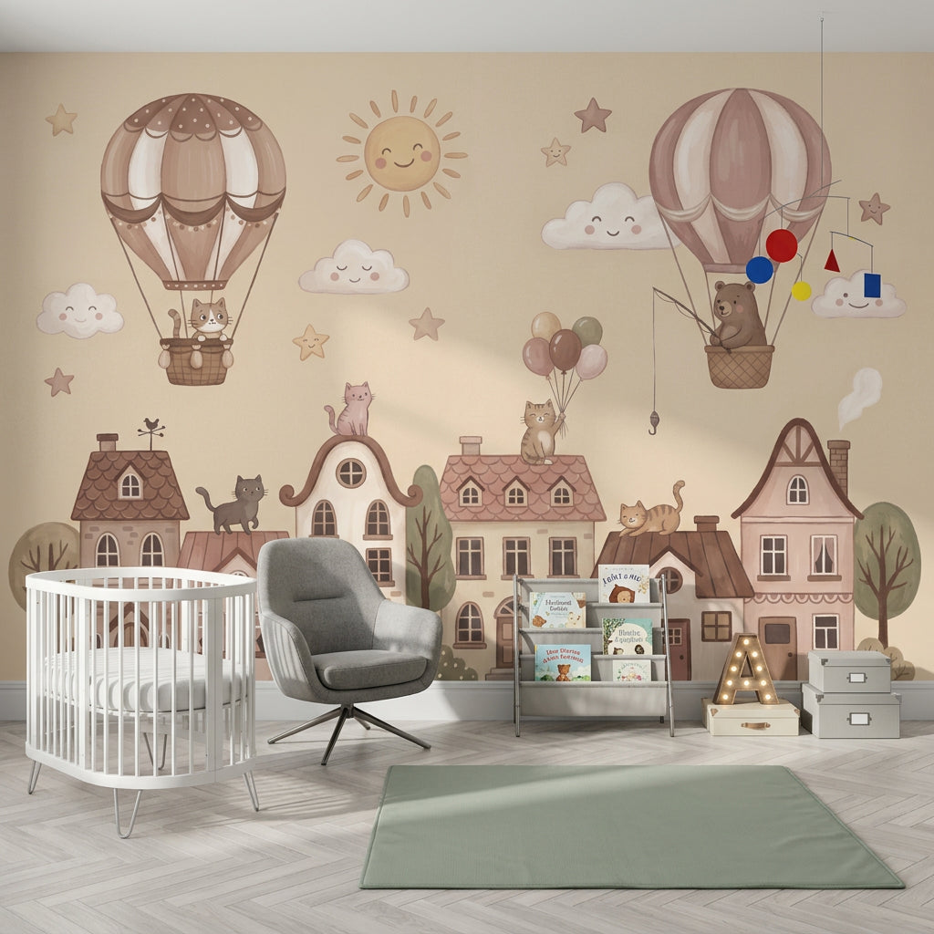 Storybook Village Wallpaper Hot Air Balloons Whimsical Removable Wall Decor