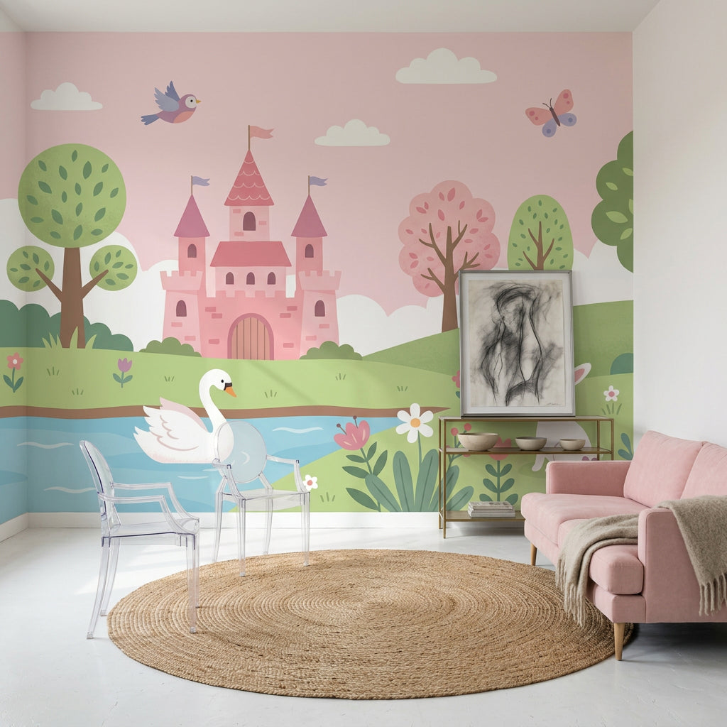 Pastel Fairytale Wallpaper Pink Castle Storybook Landscape Wall Mural