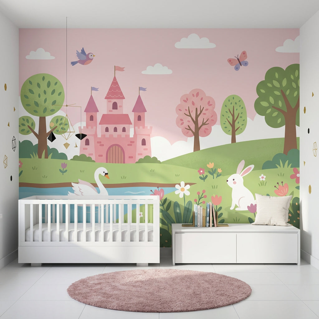 Pastel Fairytale Wallpaper Pink Castle Storybook Landscape Wall Mural