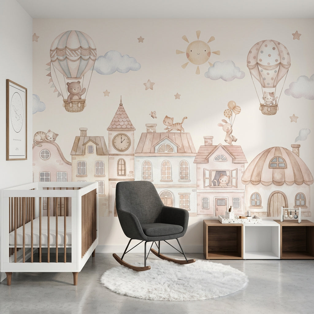 Hot Air Balloon Wallpaper Storybook Town Removable Nursery Wall Decor