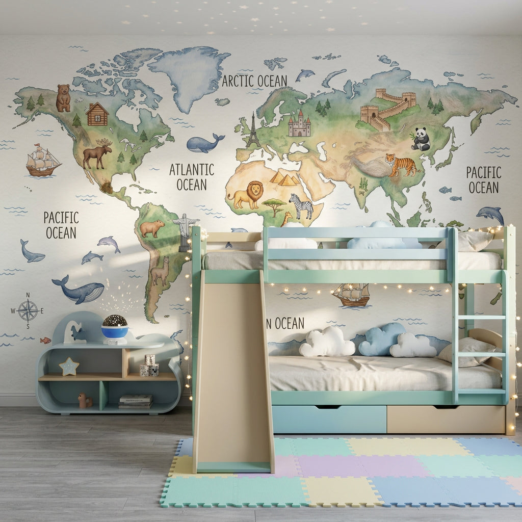 World Map Wallpaper Global Map Removable Educational Map Wall Decor