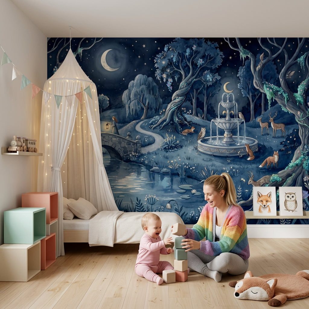 Moonlit Forest Wallpaper Storybook Illustration Night Landscape Removable Wall Decor