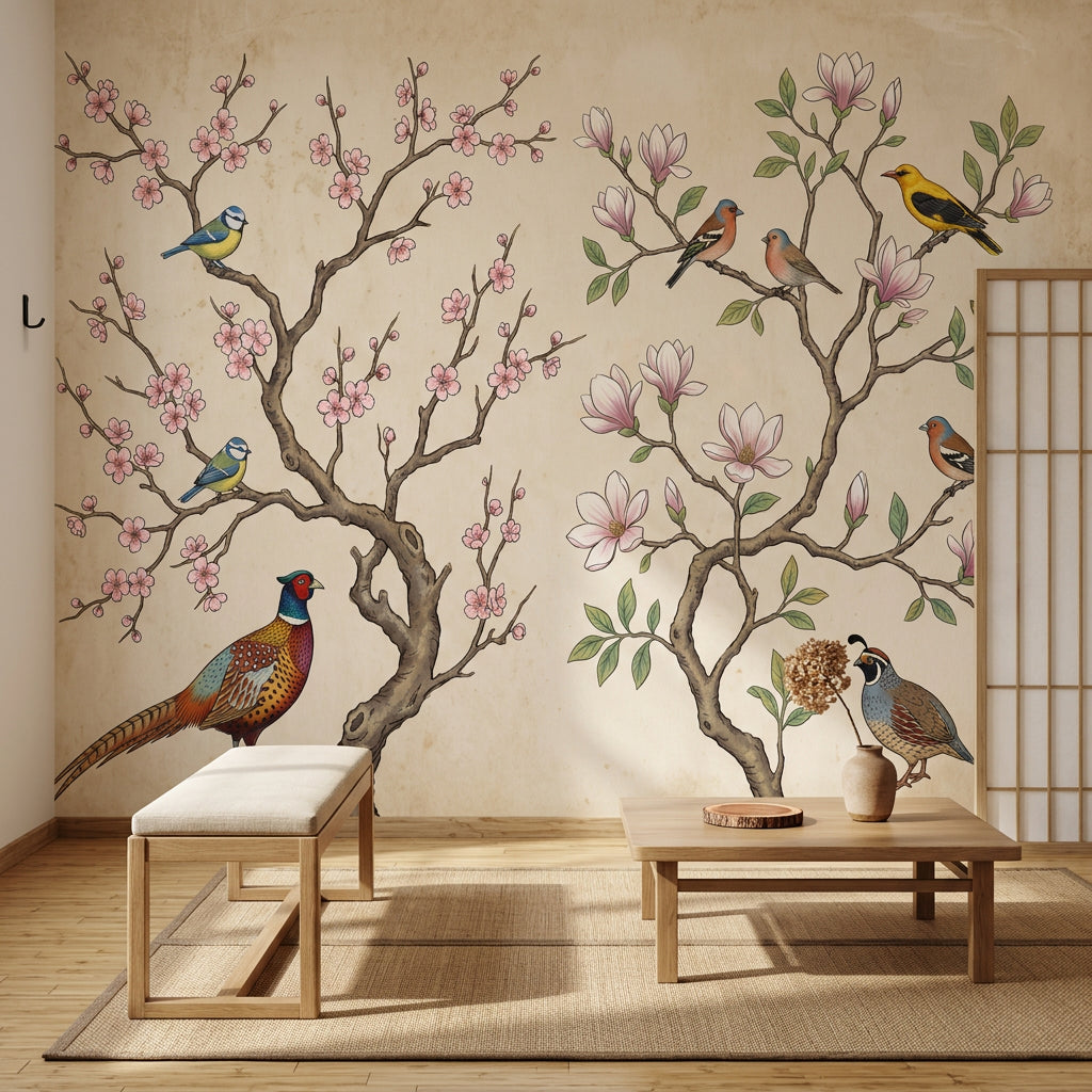 Pink Cherry Wallpaper Cherry Blossom Birds Wall Mural