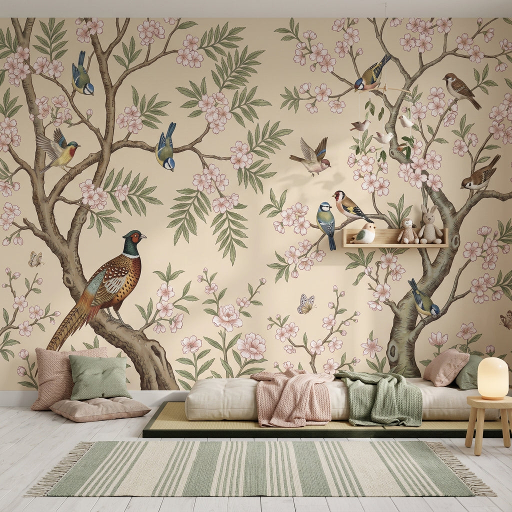 Floral Branches Wallpaper Cherry Blossoms Birds Removable Wall Decor