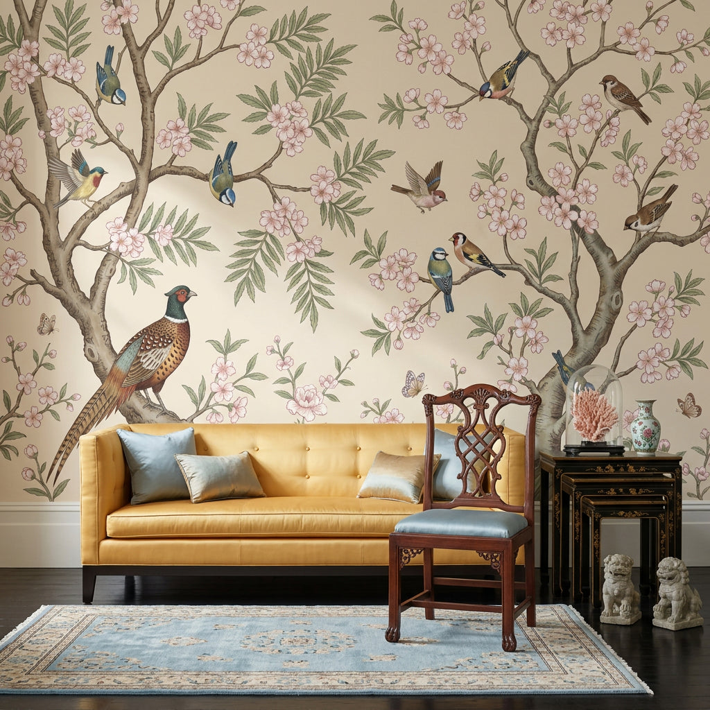 Floral Branches Wallpaper Cherry Blossoms Birds Removable Wall Decor