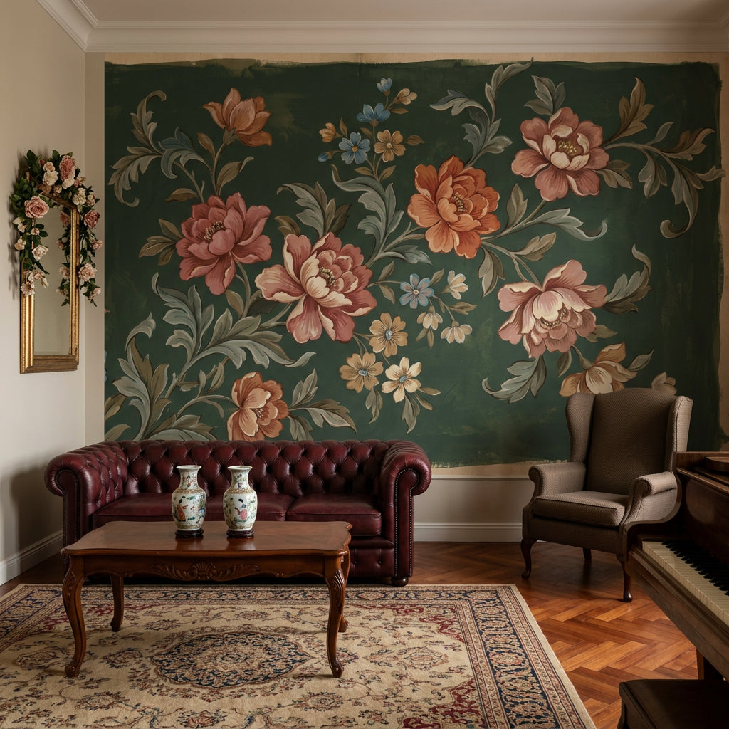Vintage Floral Wallpaper Dark Green Background Hand Painted Botanicals Wall Mural