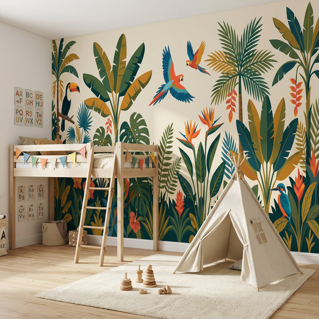 Rainforest Wallpaper Parrots Palm Leaves Wall Mural