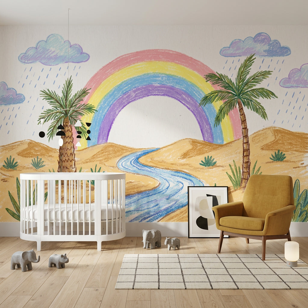 Desert Landscape Wallpaper Pastel Rainbow Palm Trees Removable Wall Decor