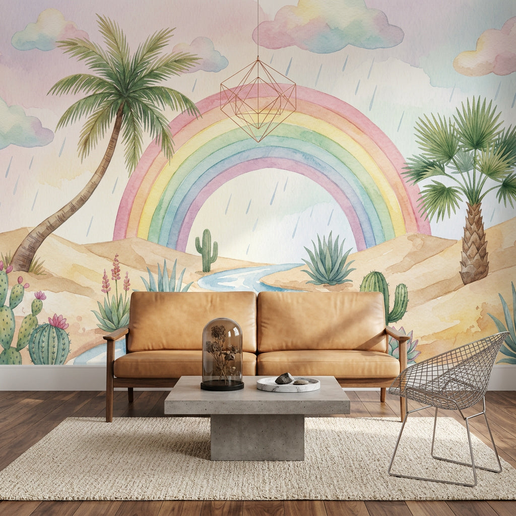 Pastel Rainbow Wallpaper Watercolor Desert Removable Cacti And Succulents Wall Decor