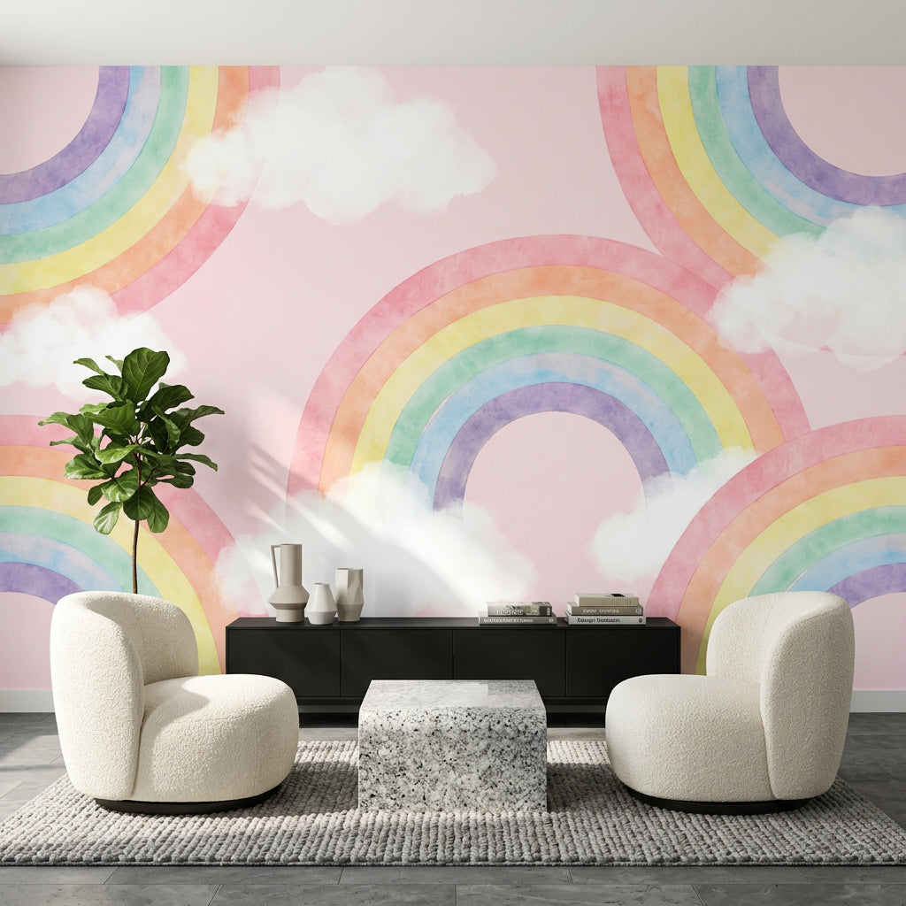 Pastel Rainbow Wallpaper Watercolor Pink Background Removable Wall Decor