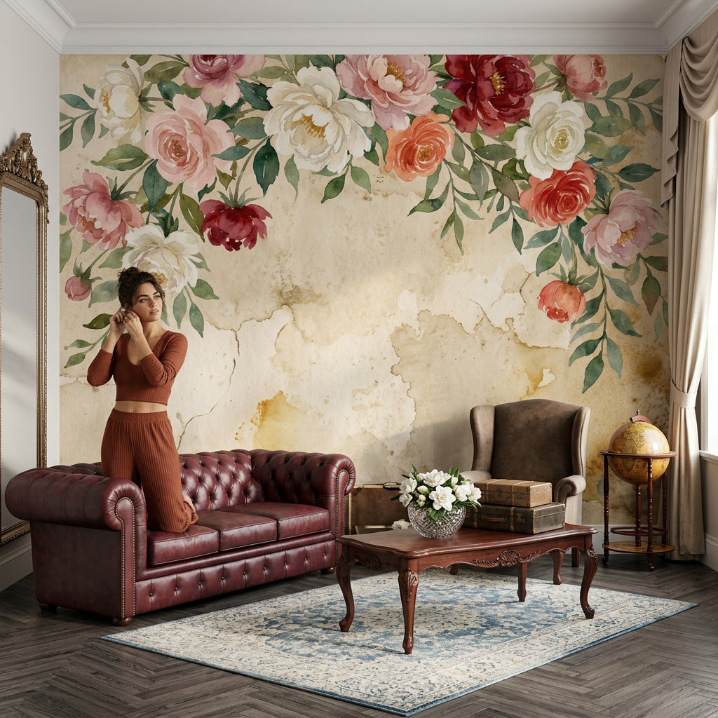 Paper Texture Wallpaper Muted Green Floral Wall Mural