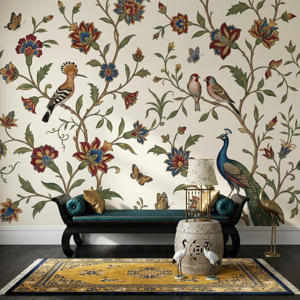 Peacock Wallpaper Floral Vine Cream Background Removable Wall Decor