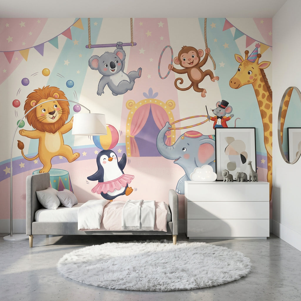 Circus Wallpaper Cartoon Animals Kids Nursery Wall Mural