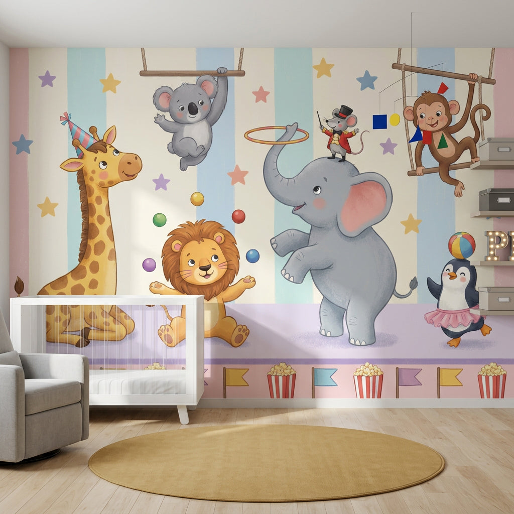 Circus Wallpaper Cute Animals Pastel Stripes Wall Mural