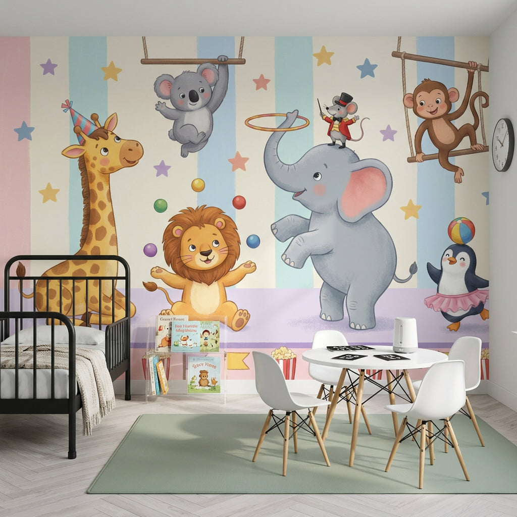 Circus Wallpaper Cute Animals Pastel Stripes Wall Mural