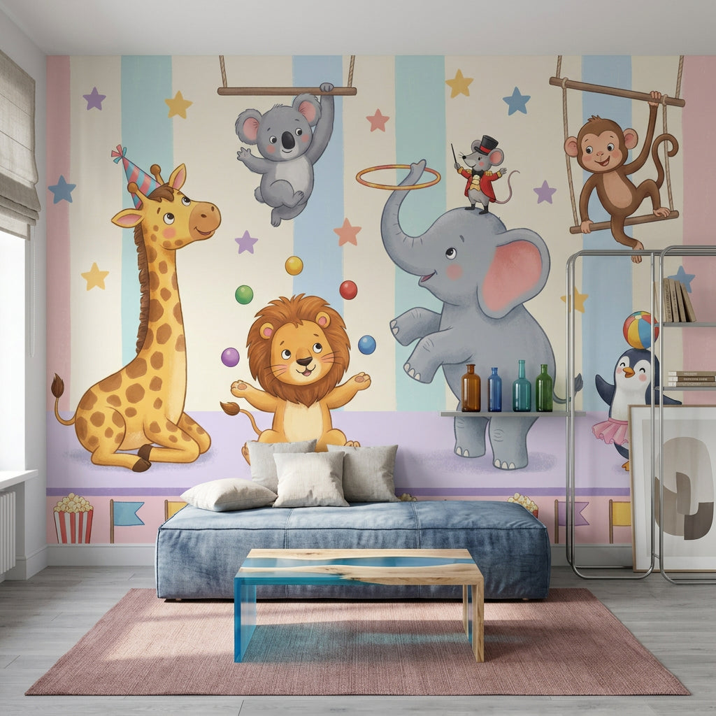 Circus Wallpaper Cute Animals Pastel Stripes Wall Mural