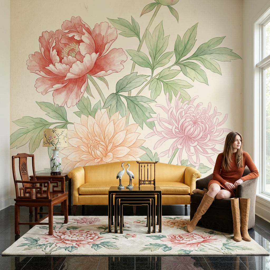 White Background Wallpaper Floral Removable Botanical Wall Decor