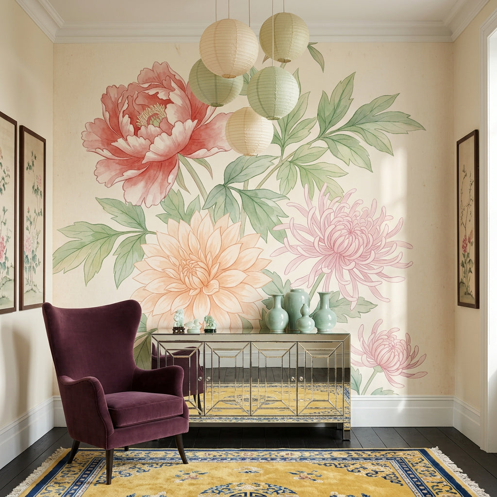 White Background Wallpaper Floral Removable Botanical Wall Decor