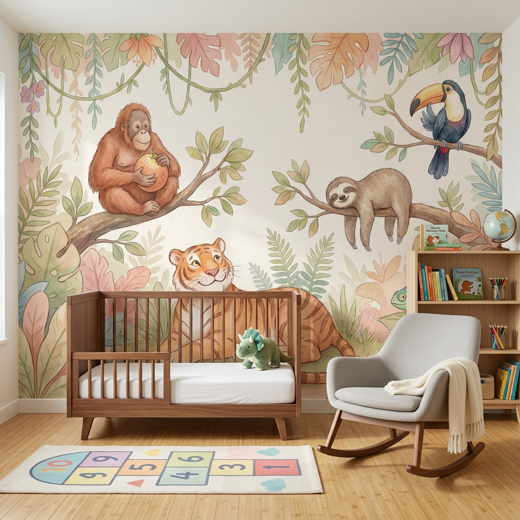 Tropical Jungle Wallpaper Watercolor Animals Pastel Foliage Removable Wall Decor