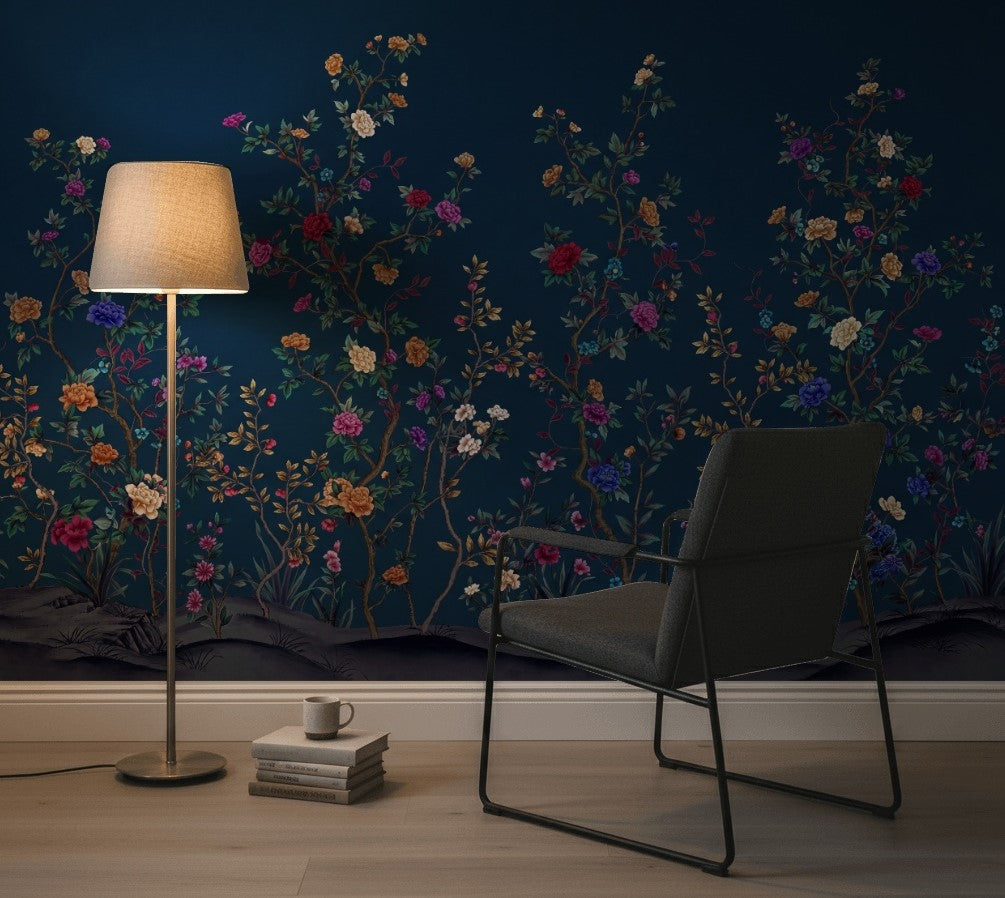 Chinoiserie Inspired Wallpaper Dark Navy Background Elegant Vintage Wall Mural