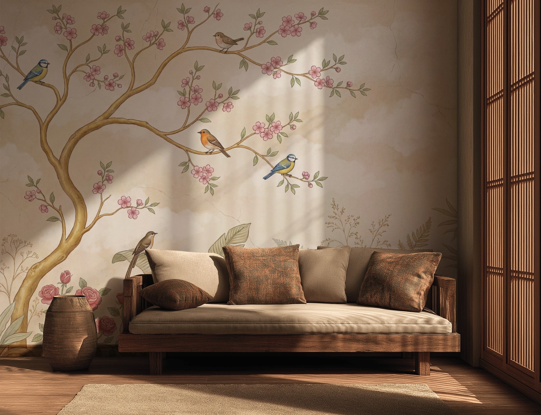 Botanical Mural Wallpaper Blossoming Branch Soft Pastel Removable Wall Decor