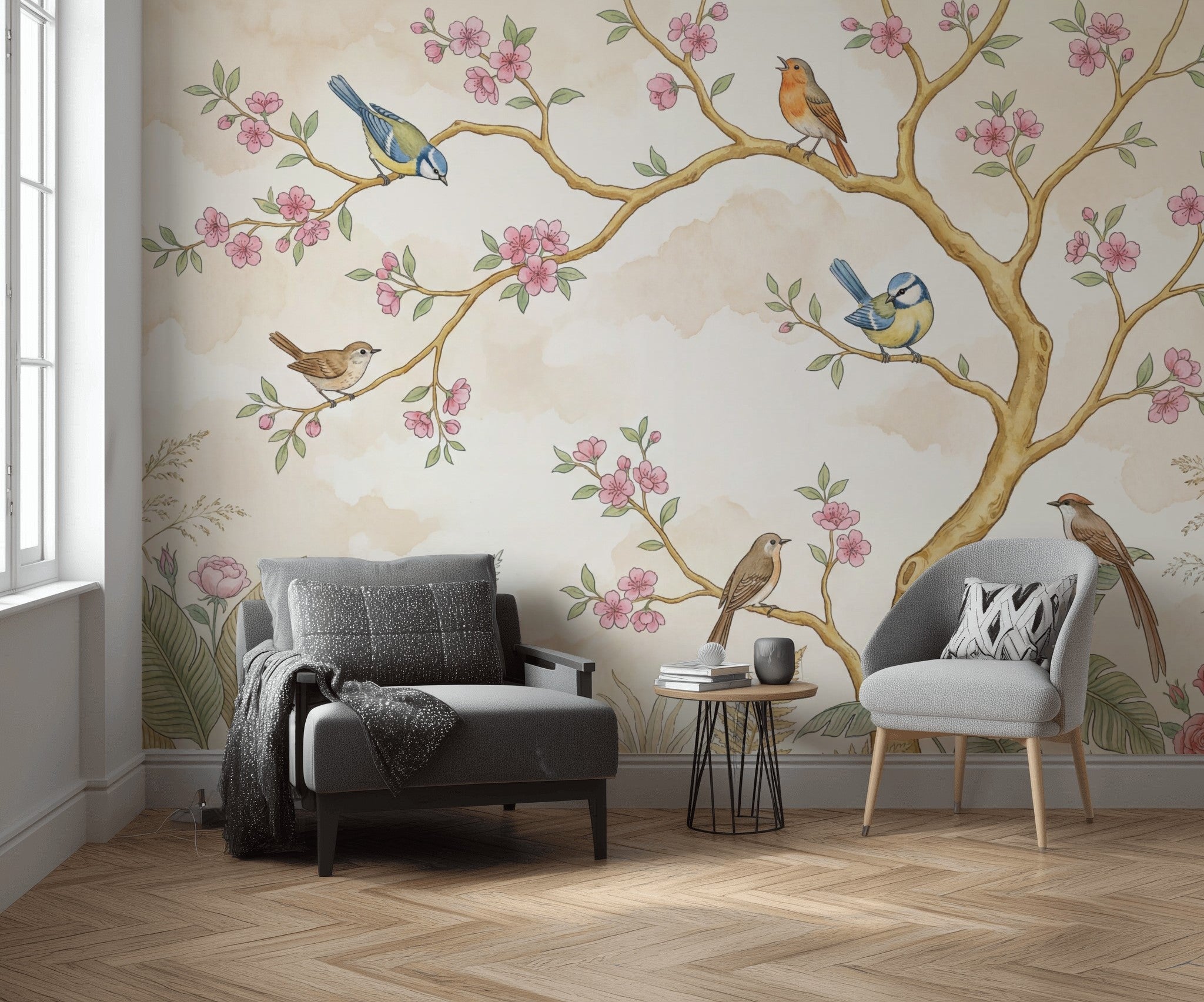 Cherry Blossoms Wallpaper Floral Branches Songbirds Wall Mural