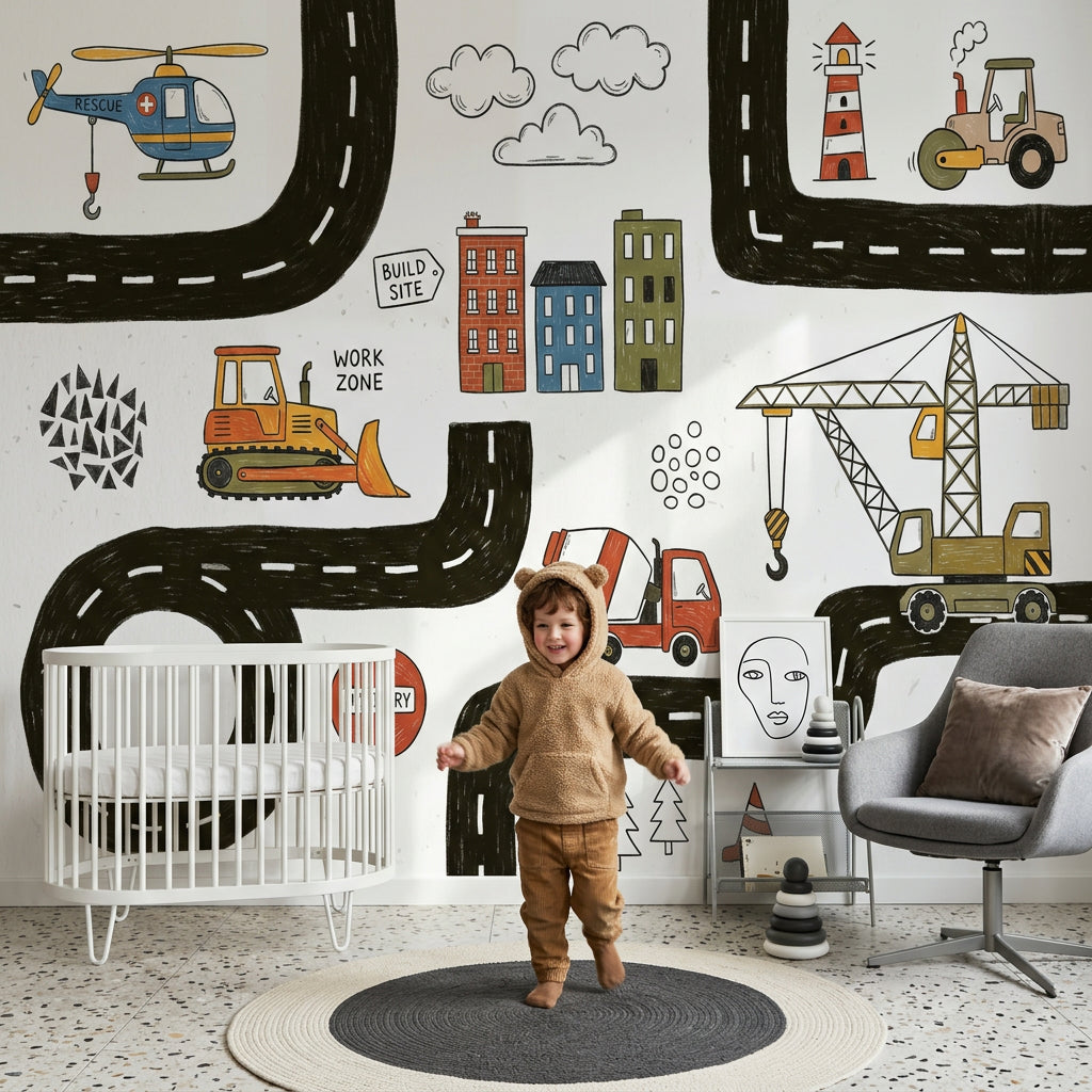 White Background Wallpaper Construction Vehicles Kids Road Map Removable Wall Decor
