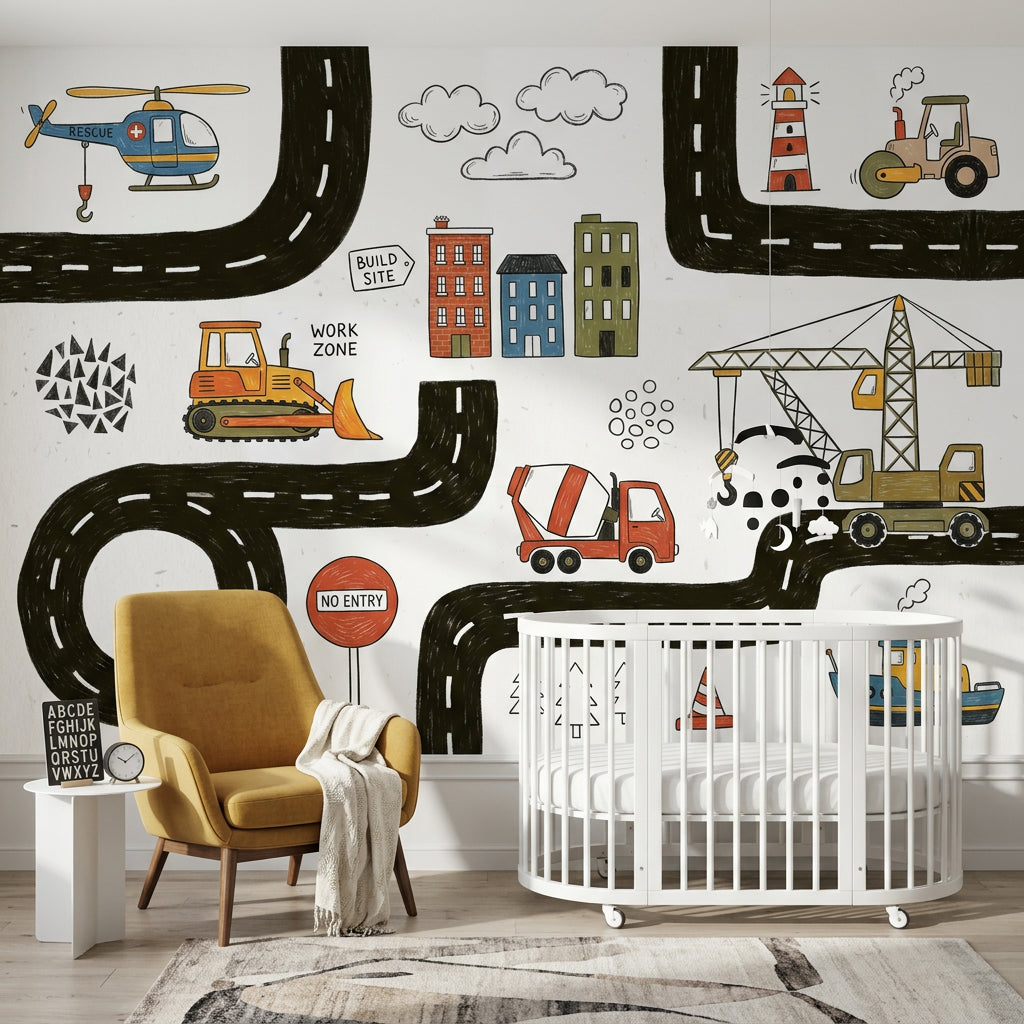 White Background Wallpaper Construction Vehicles Kids Road Map Removable Wall Decor