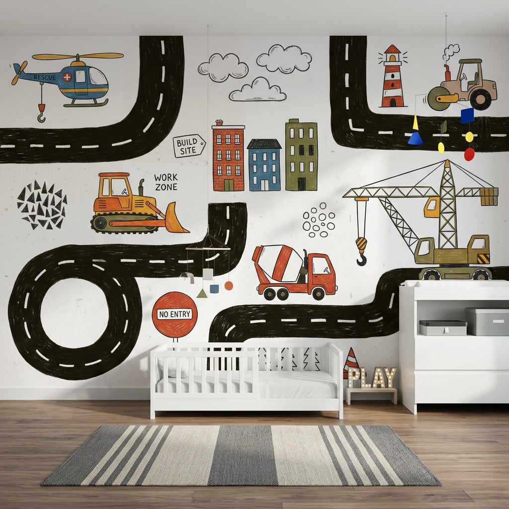 White Background Wallpaper Construction Vehicles Kids Road Map Removable Wall Decor