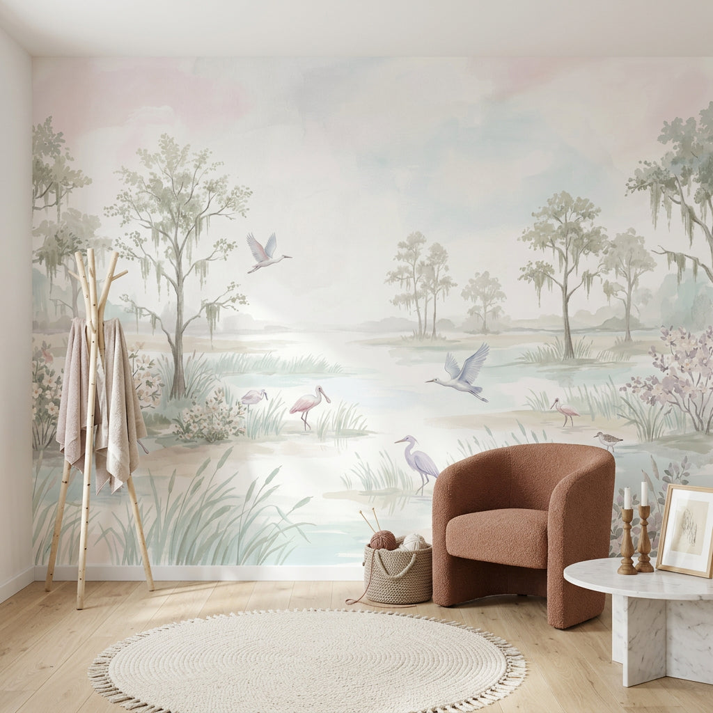 Pastel Marsh Wallpaper Watercolor Landscape Wading Birds Wall Mural