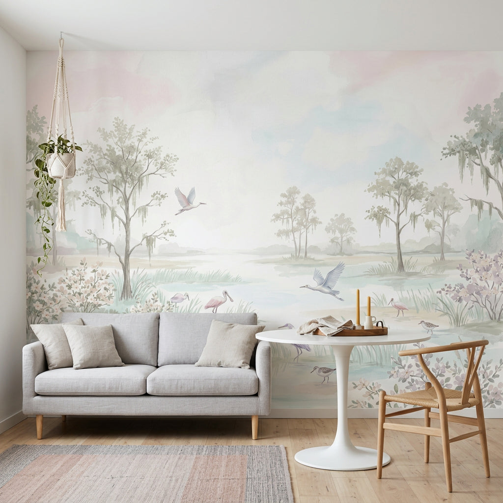 Pastel Marsh Wallpaper Watercolor Landscape Wading Birds Wall Mural