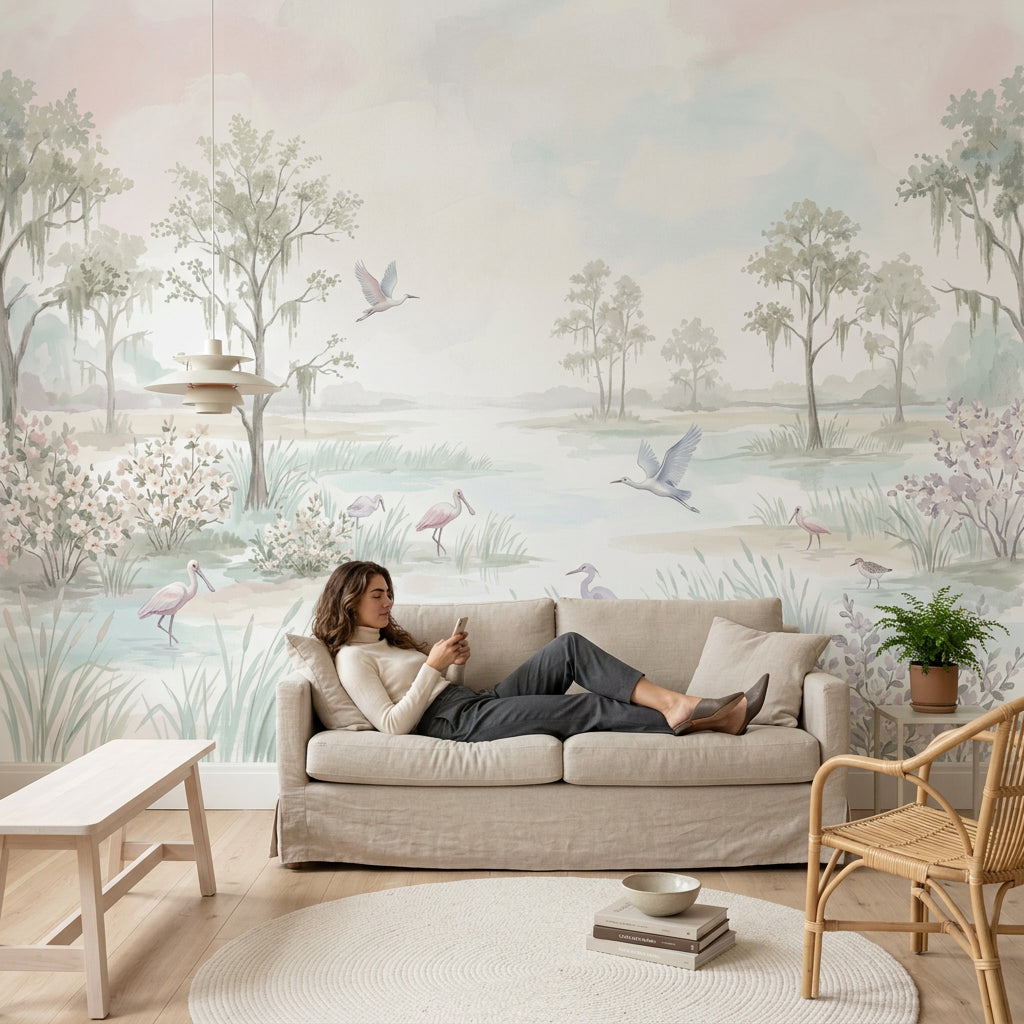 Pastel Marsh Wallpaper Watercolor Landscape Wading Birds Wall Mural