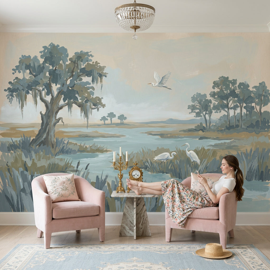 Coastal Marsh Wallpaper Wetland Landscape Egrets Removable Wall Decor