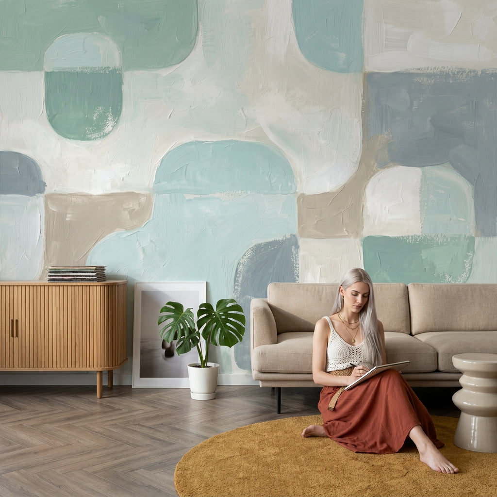 Abstract Wallpaper Geometric Shapes Soft Pastel Blue Wall Mural