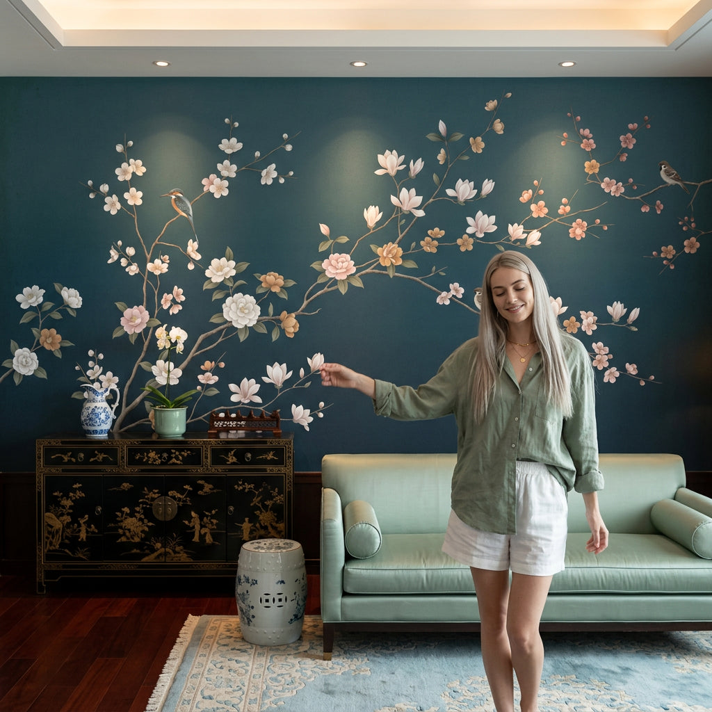 Muted Green Wallpaper Chinoiserie Removable Floral Wall Decor
