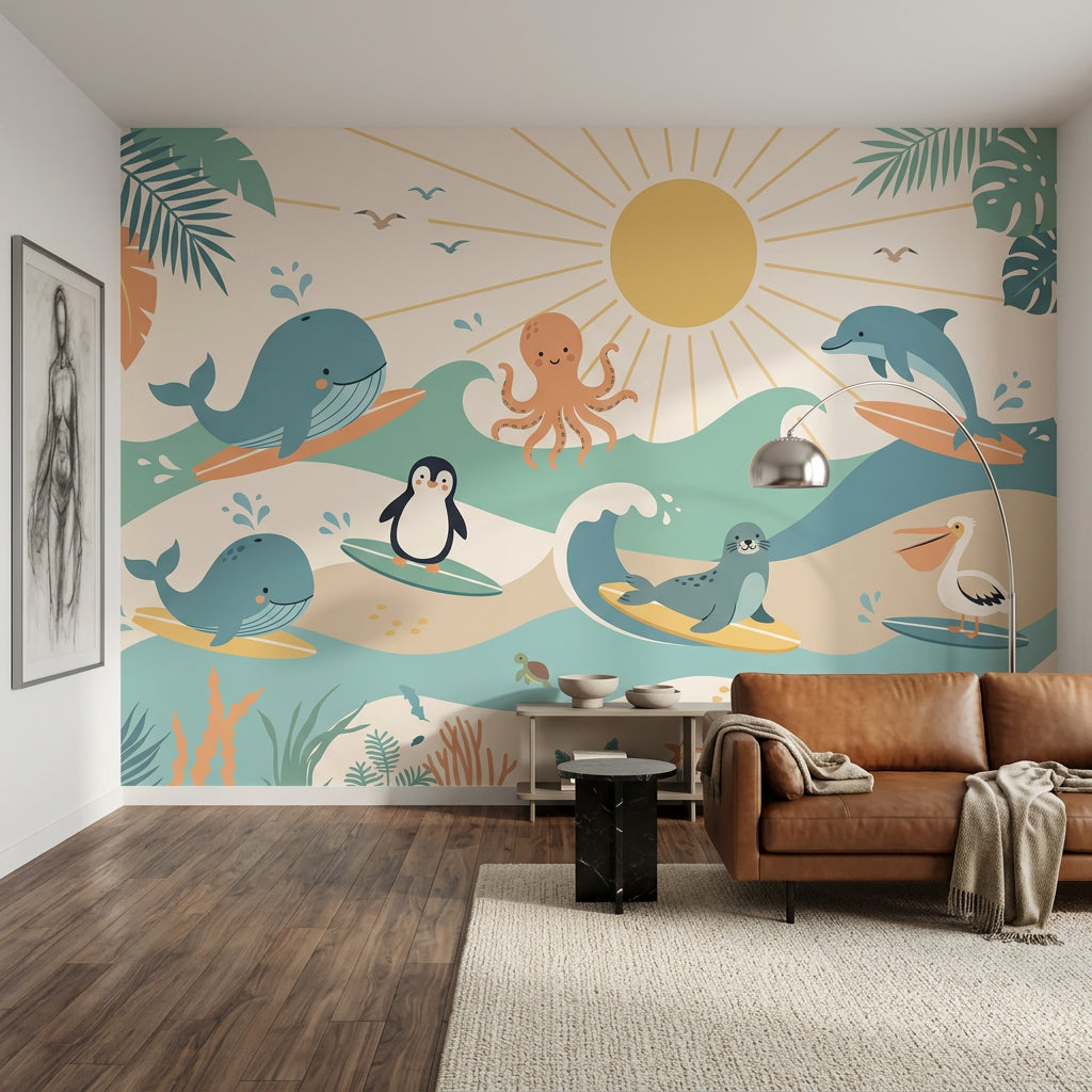 White Background Wallpaper Ocean Animals Pastel Removable Wall Decor