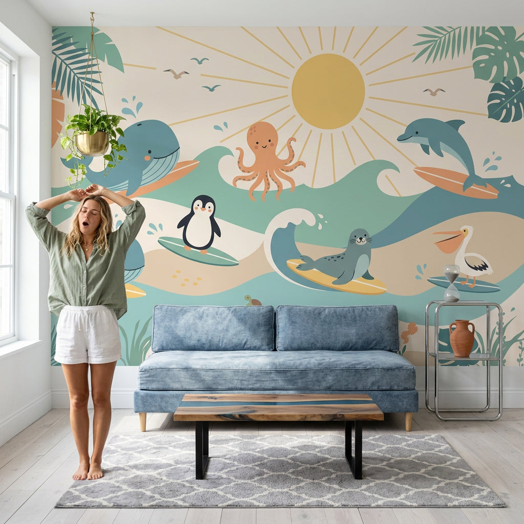 White Background Wallpaper Ocean Animals Pastel Removable Wall Decor