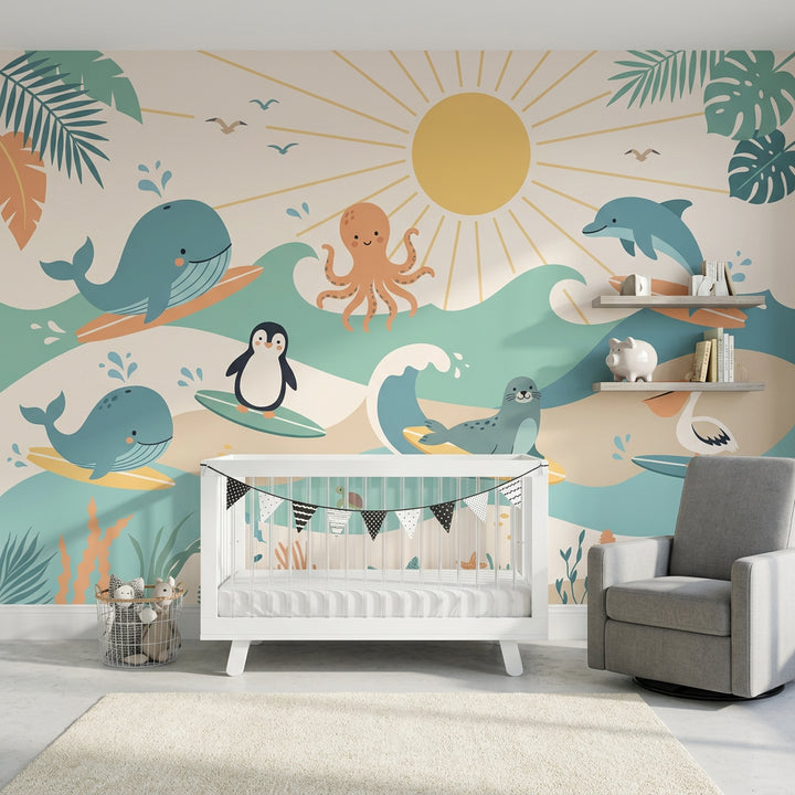 White Background Wallpaper Ocean Animals Pastel Removable Wall Decor