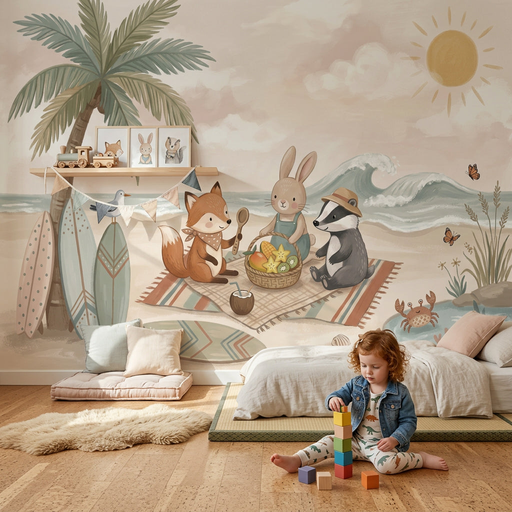 Beach Picnic Wallpaper Cute Animals Removable Coastal Wall Decor