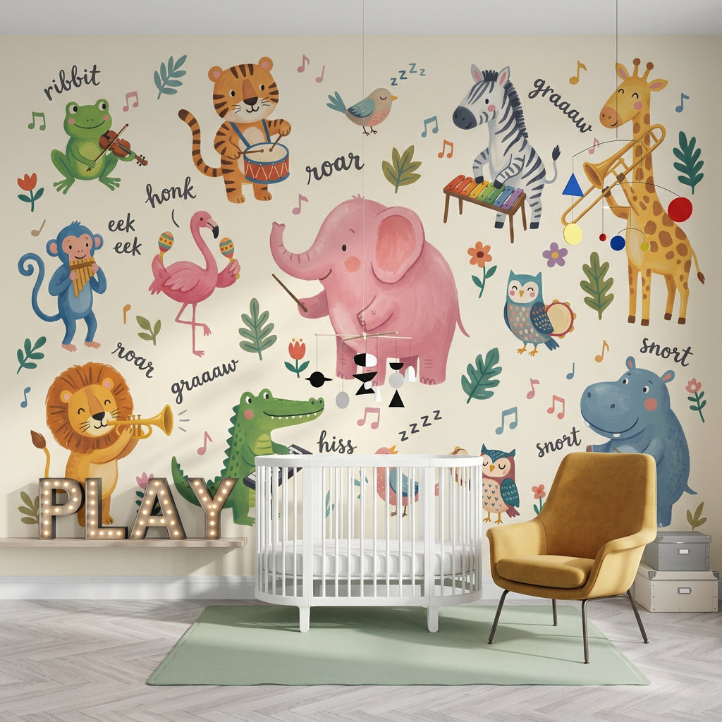 Kids Wallpaper Cute Animals Removable Musical Instruments Wall Decor