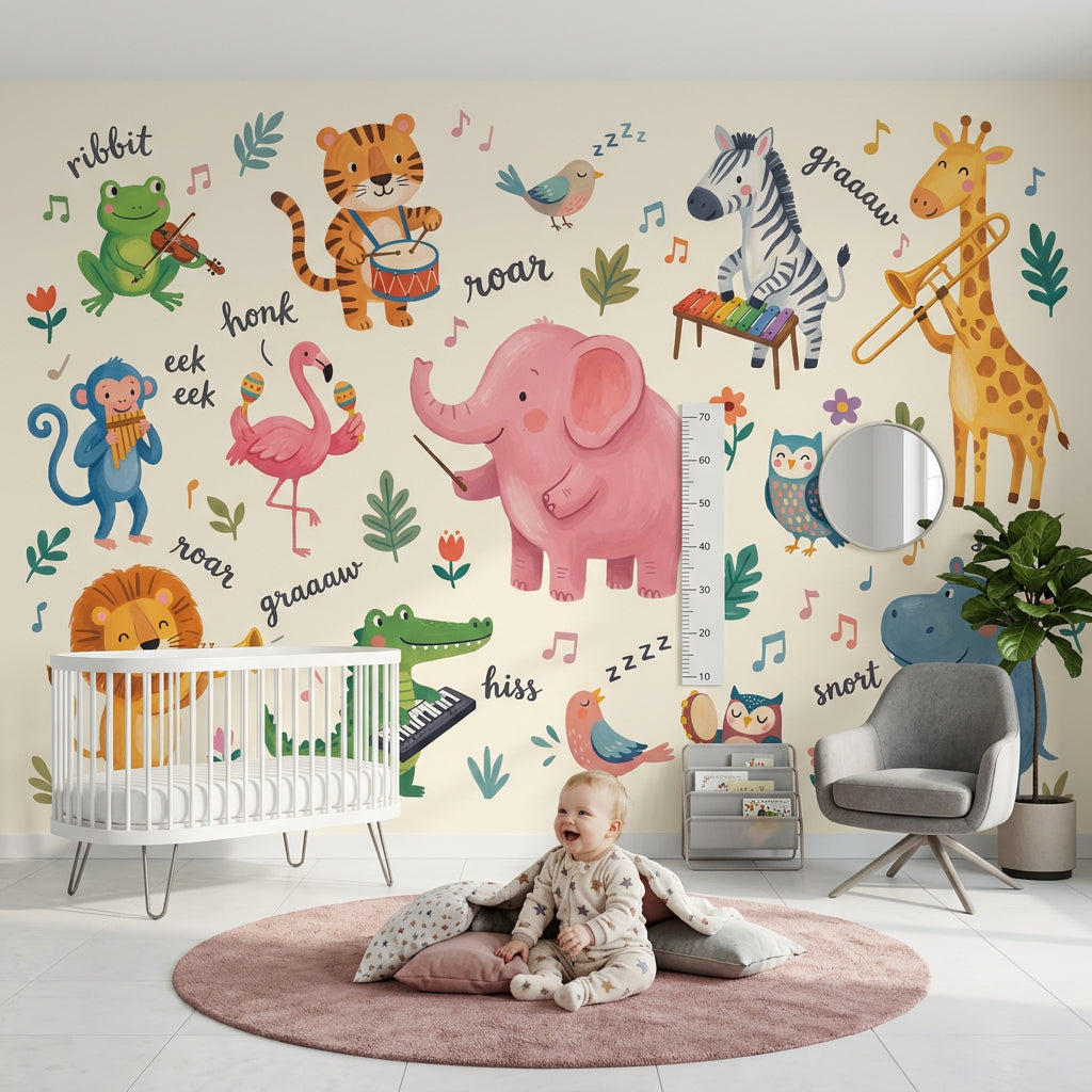 Kids Wallpaper Cute Animals Removable Musical Instruments Wall Decor