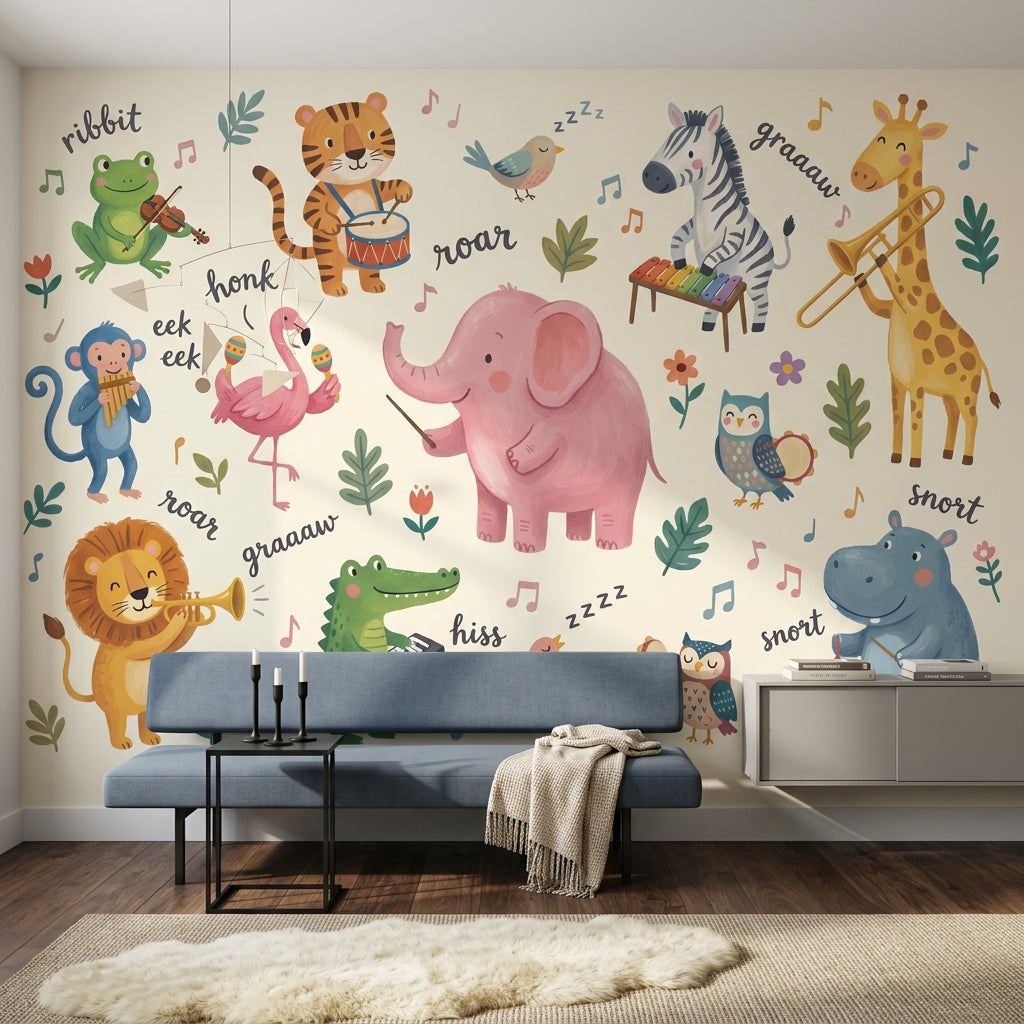 Kids Wallpaper Cute Animals Removable Musical Instruments Wall Decor