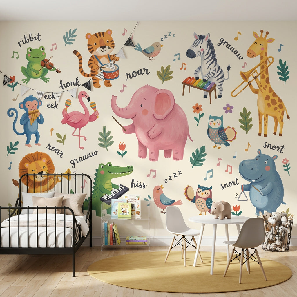 Kids Wallpaper Cute Animals Removable Musical Instruments Wall Decor