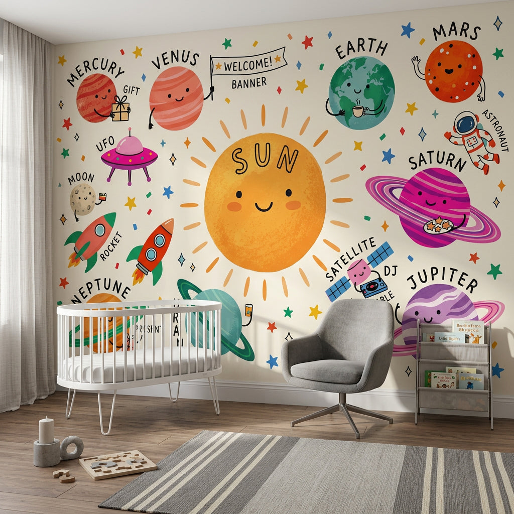 Solar System Wallpaper Space Cute Cartoon Wall Mural
