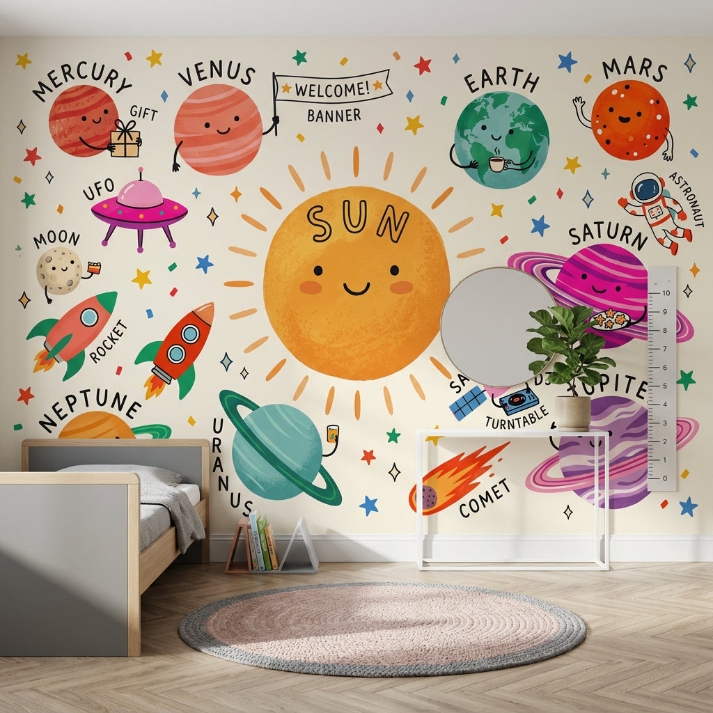 Solar System Wallpaper Space Cute Cartoon Wall Mural